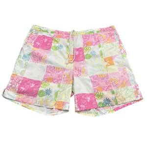 Lilly Pulitzer Mens Swim Trunks L Patchwork Tropical Print Cotton Shorts Resort